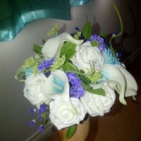 Stunning turquoise, purple and cream silk flower arrangement for sale