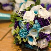 Stunning turquoise, purple and cream silk flower arrangement for sale