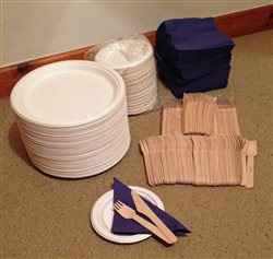 Disposable paper plates, wooden cutlery and napkins
