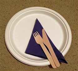 Disposable paper plates, wooden cutlery and napkins