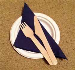 Disposable paper plates, wooden cutlery and napkins