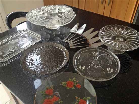 6 assorted vintage glass cake stands & plates with servers