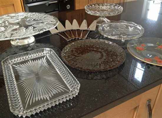 6 assorted vintage glass cake stands & plates with servers