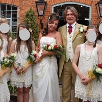 3 bridesmaids dresses and 3 pairs of gold pumps