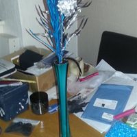 Items for sale - aqua/black centrepieces, mirror plates, table card holders, flower petal basket, ta