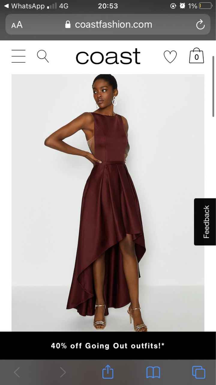 6 Coast bridesmaid dresses, satin dip-hem midi, merlot - 1