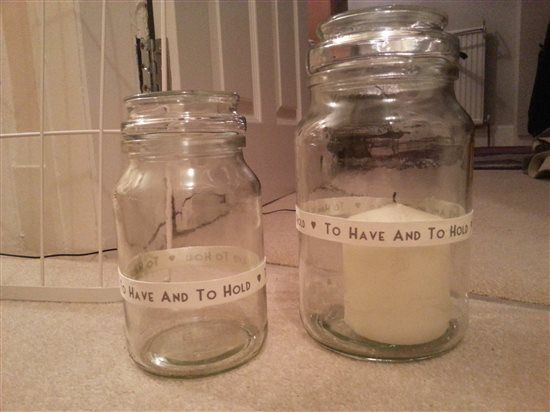 Candle jars with wedding ribbon