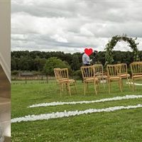 various wedding items / decorations (petal aisle runner, string lights, cake stand, tablecloths) EH4