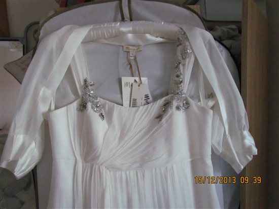 Maggie Sottero wedding sash belt, monsoon dress & jacket, ear rings, dessy bm dress, rainbow shoes a