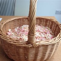 Re: Flip flop basket, hurricane vases, vintage mirror ory and pink delphinium confetti with whicker 