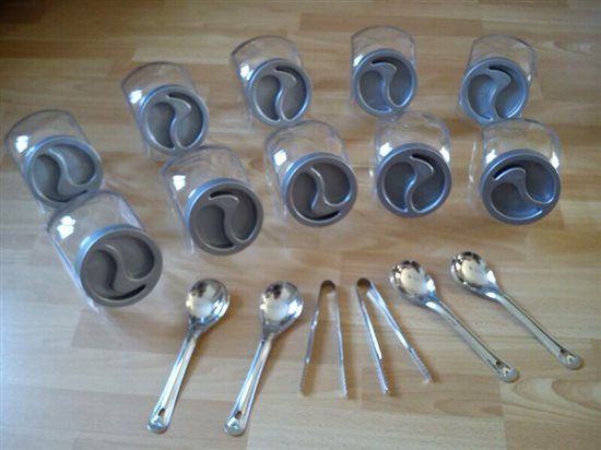 10 sweet jars, spoons and tongs