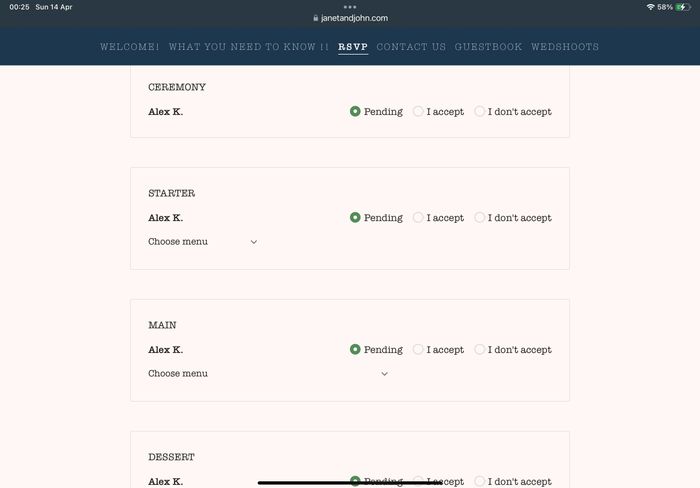 Menu choices on website 5