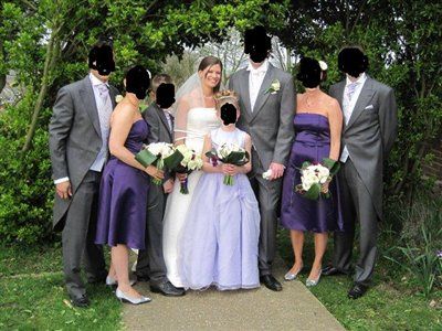 Re: Light grey suits, Cadburys purple bridesmaids and an ivory wedding dress?