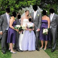 Re: Light grey suits, Cadburys purple bridesmaids and an ivory wedding dress?