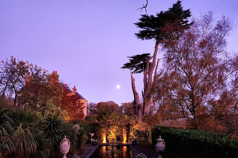 Italian garden at dusk