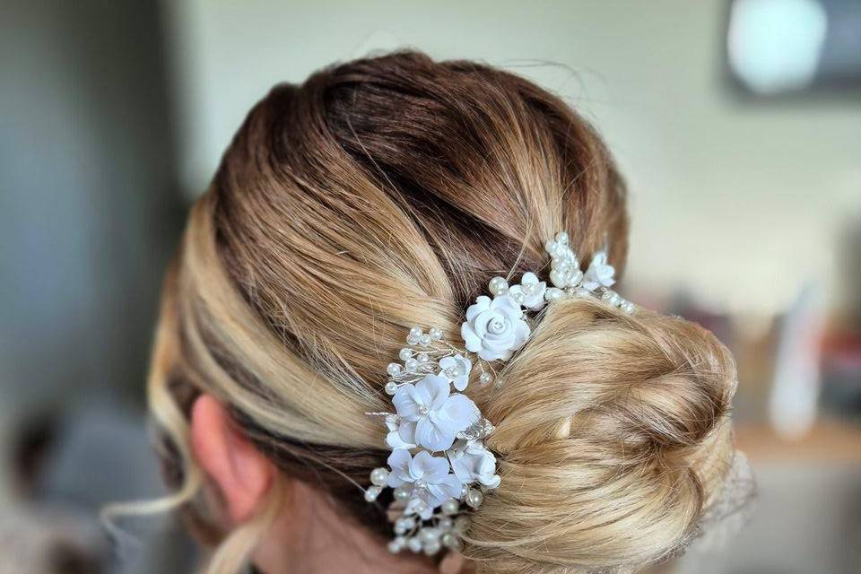 Textured hair up with curls