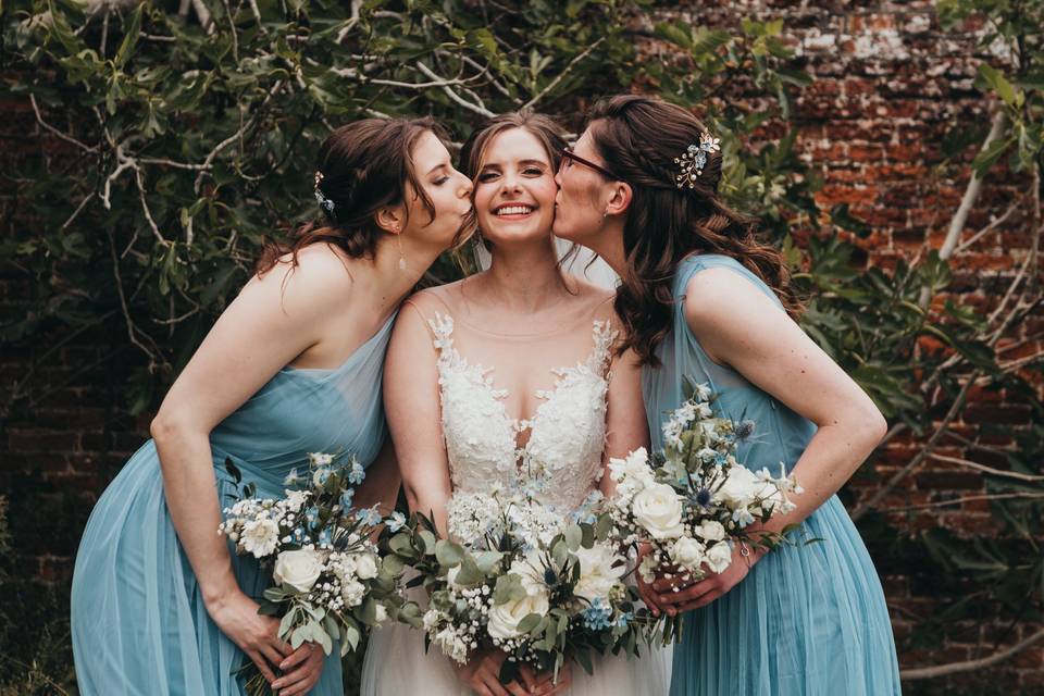 Blue wedding flowers, bride