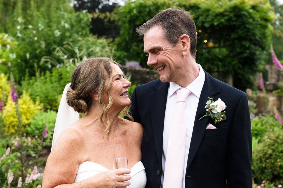 Bride and groom looking