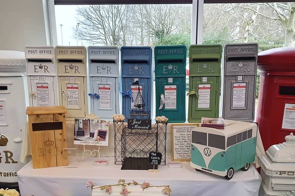 A variety of colourful post boxes