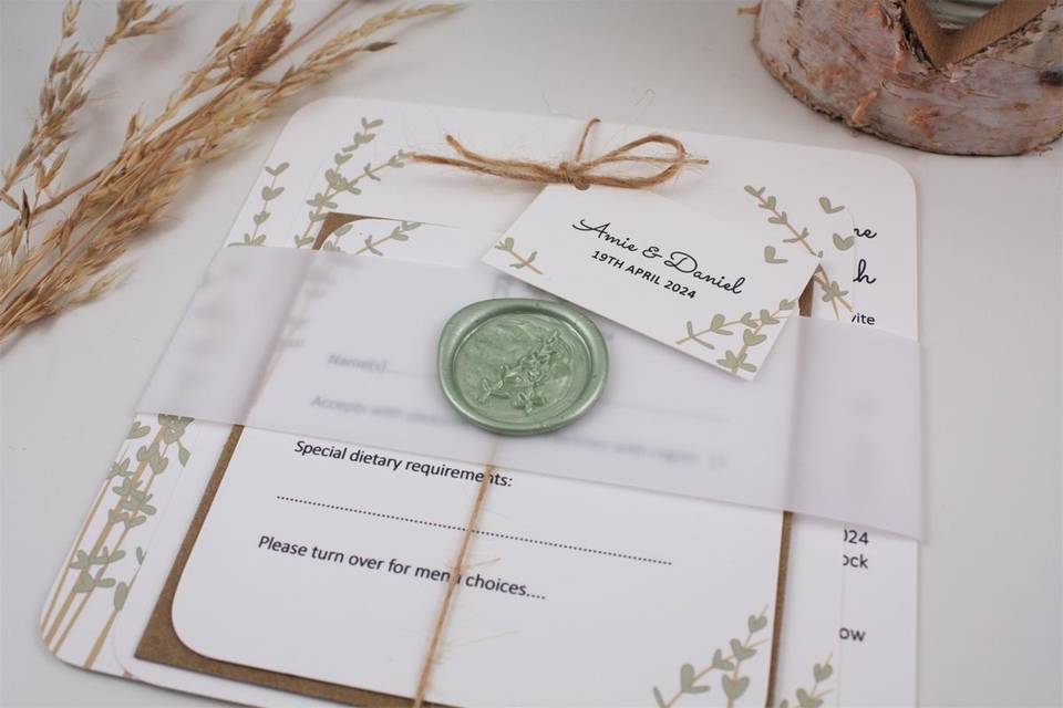 Floral sage wax seal invite