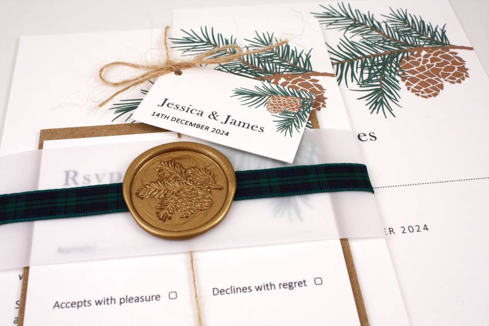 Forest Pine invite with tartan