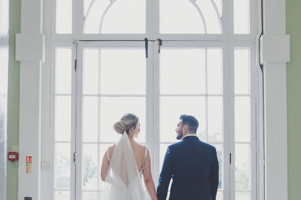 Bride and groom looking