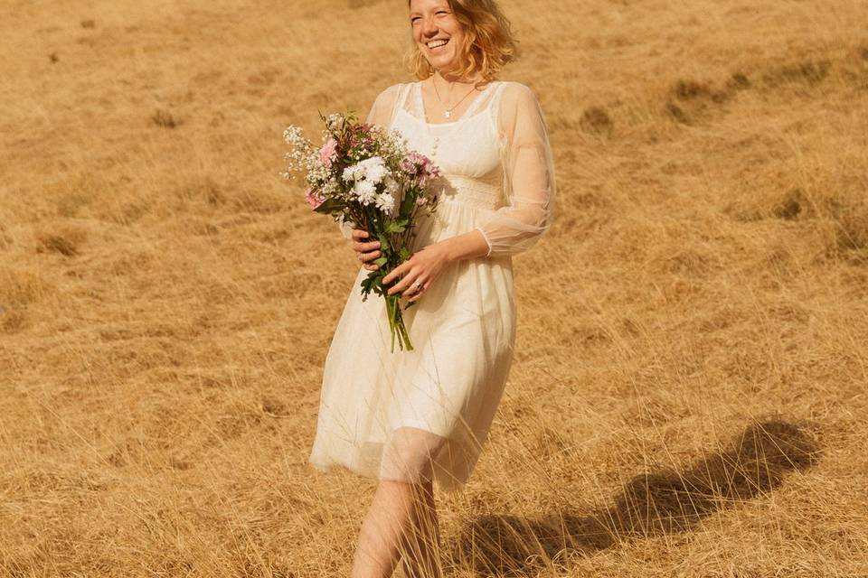 Walking and holding a bouquet