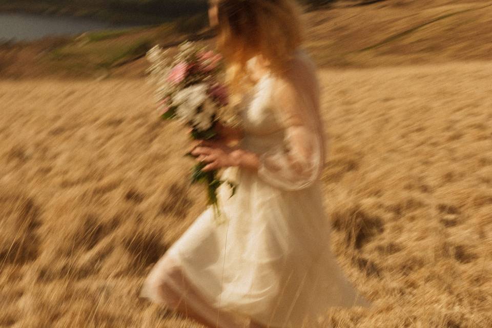 Running and holding bouquet