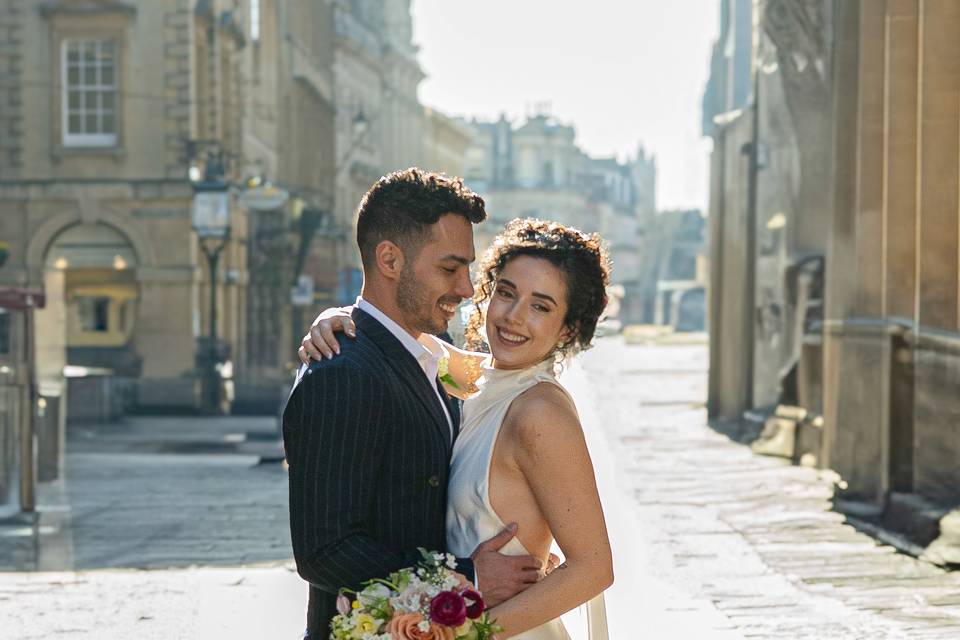 Bride and groom at golden hour