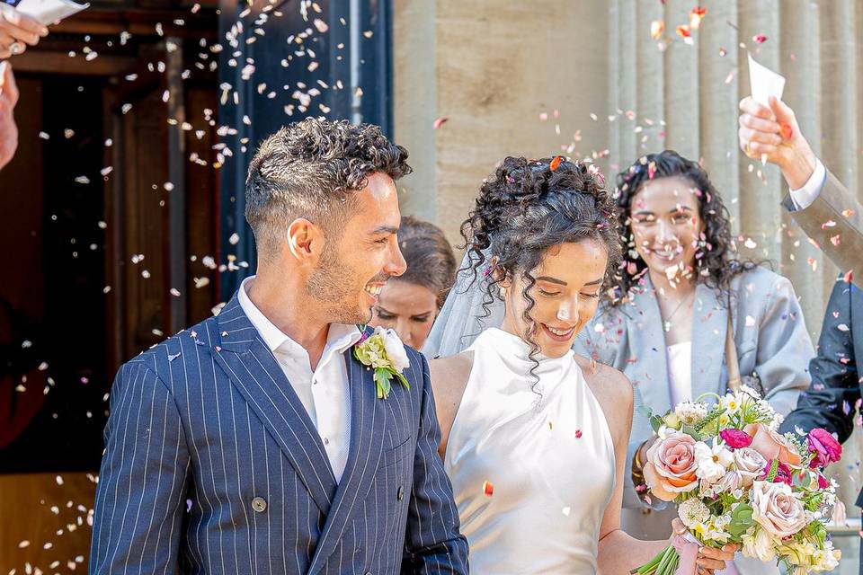 Bride and groom confetti shot