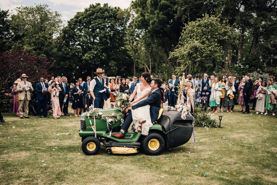 Lawnmower wedding exit