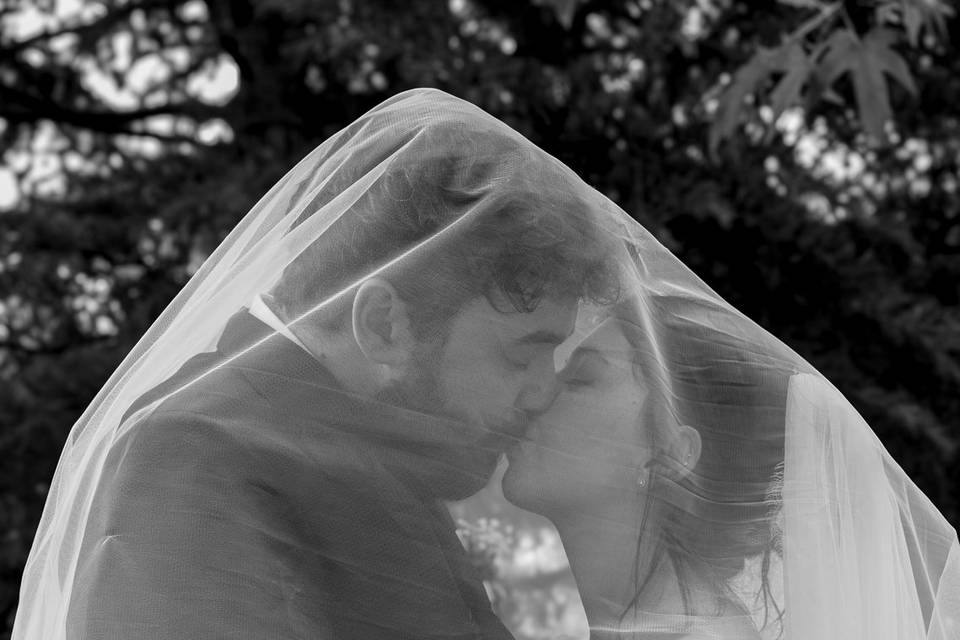 Bride and groom under veil