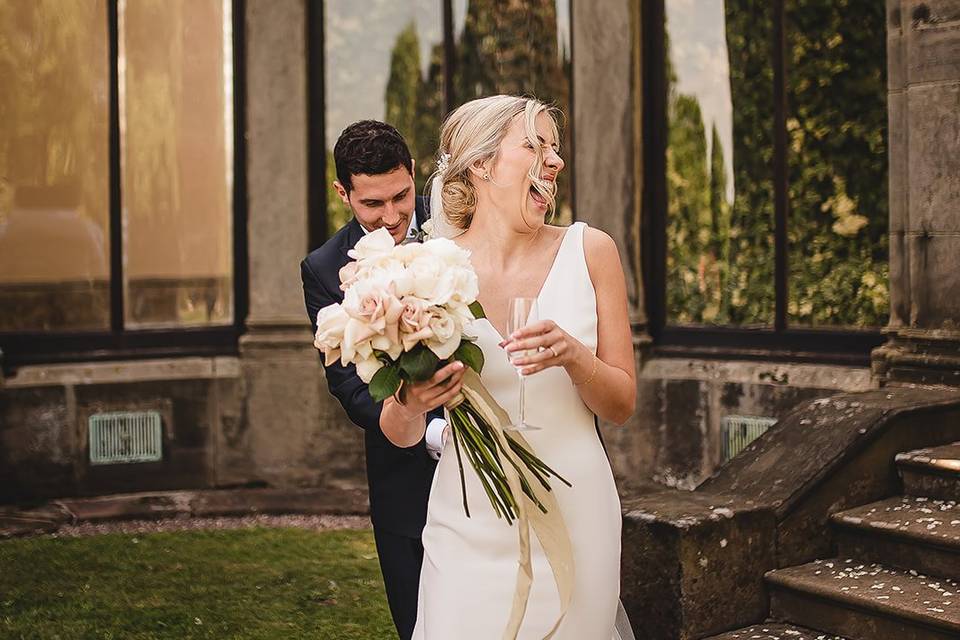 A portrait of the bride with her florals