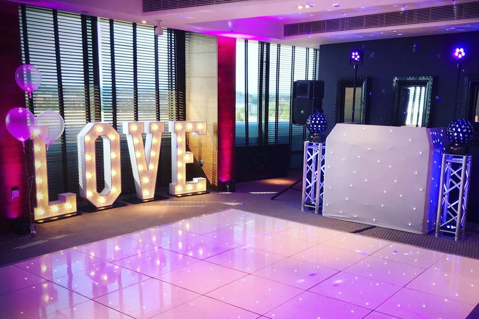 Star-lit dance floor and LED letters