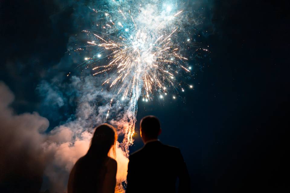 Wedding couple watches firewor