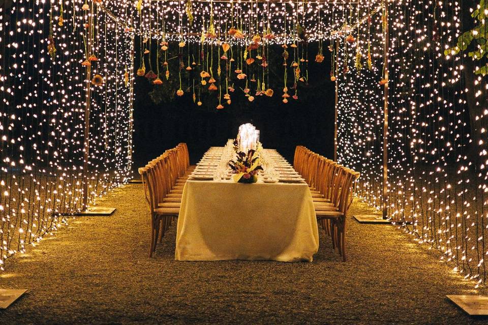 Fairy lights tunnel wedding