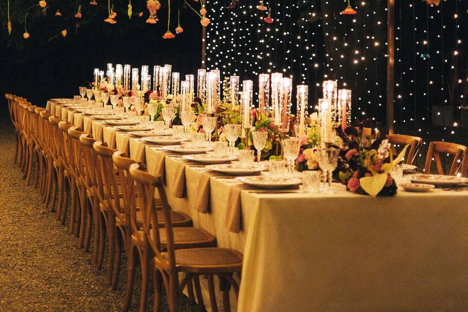 Fairy lights tunnel wedding