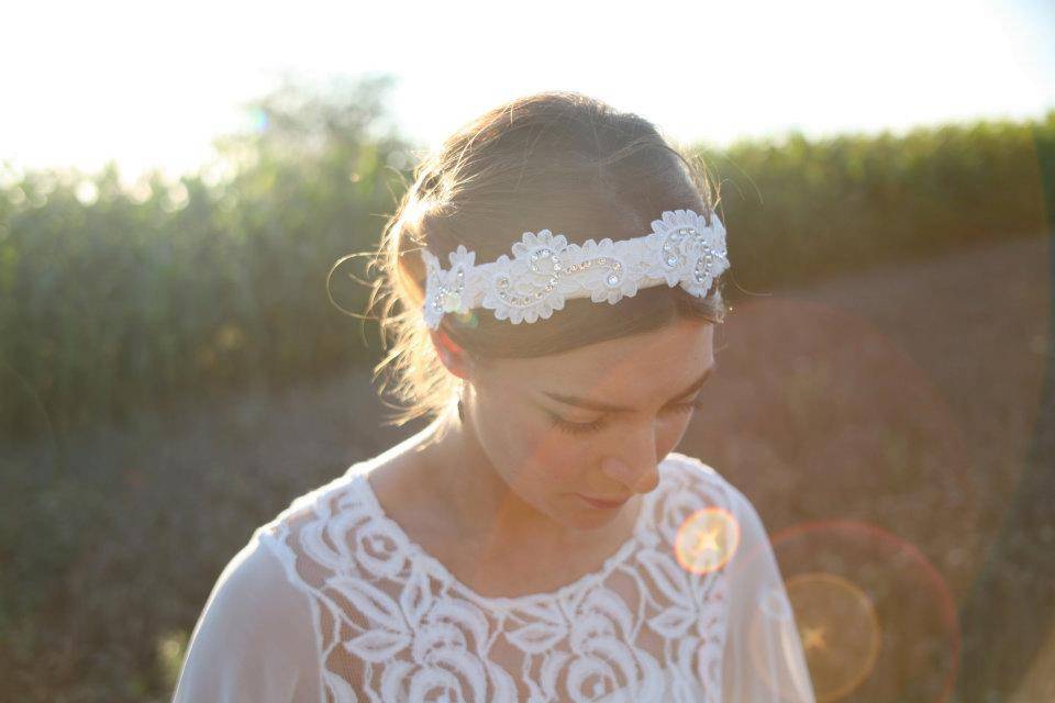 Joanie - Ivory headband with vintage 1960s lace embellished with Swarovski crystals
