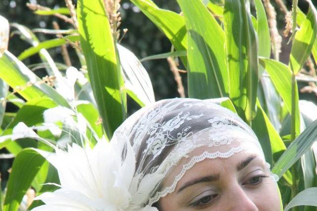 Lois - 1920's lace cap veil with feather trim embellished with Swarovski crystals