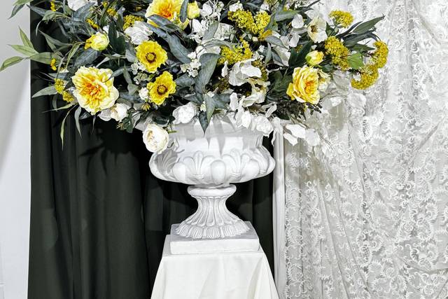 Floral urn, wedding & backdrop