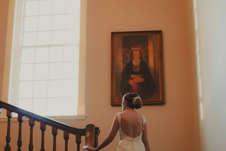 Bride walks up stairs