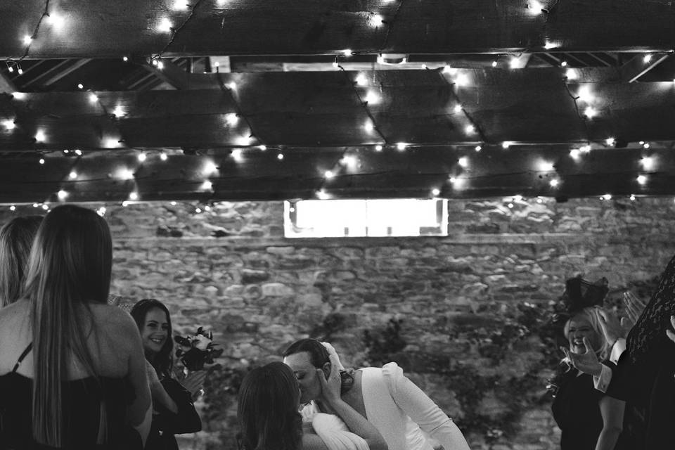Romantic wedding first kiss