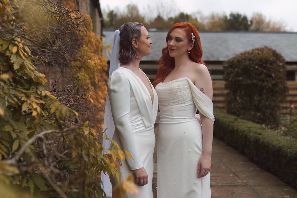 Brides at autumn wedding venue