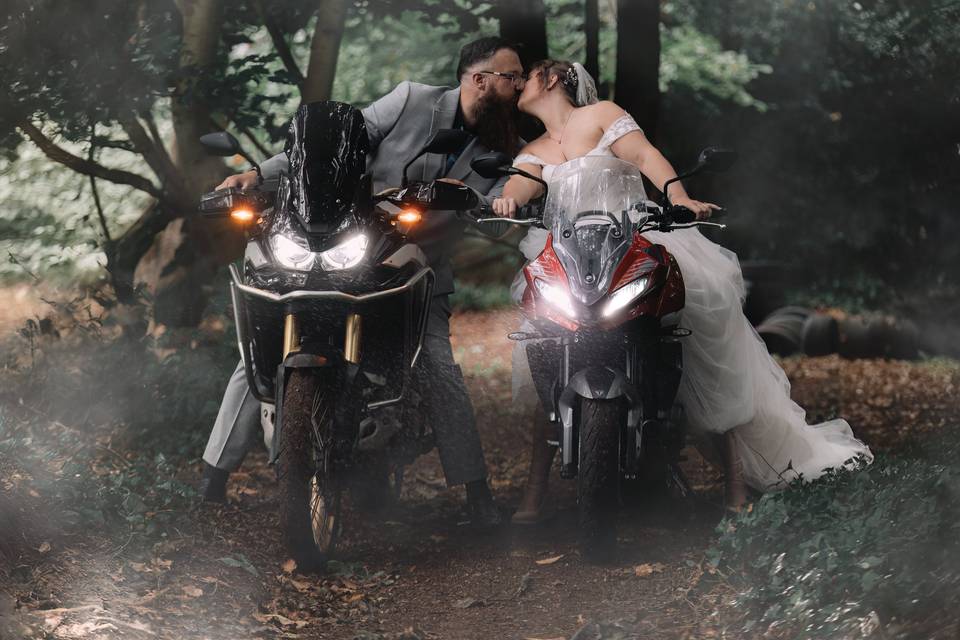 Bride and Groom on Motorcycles