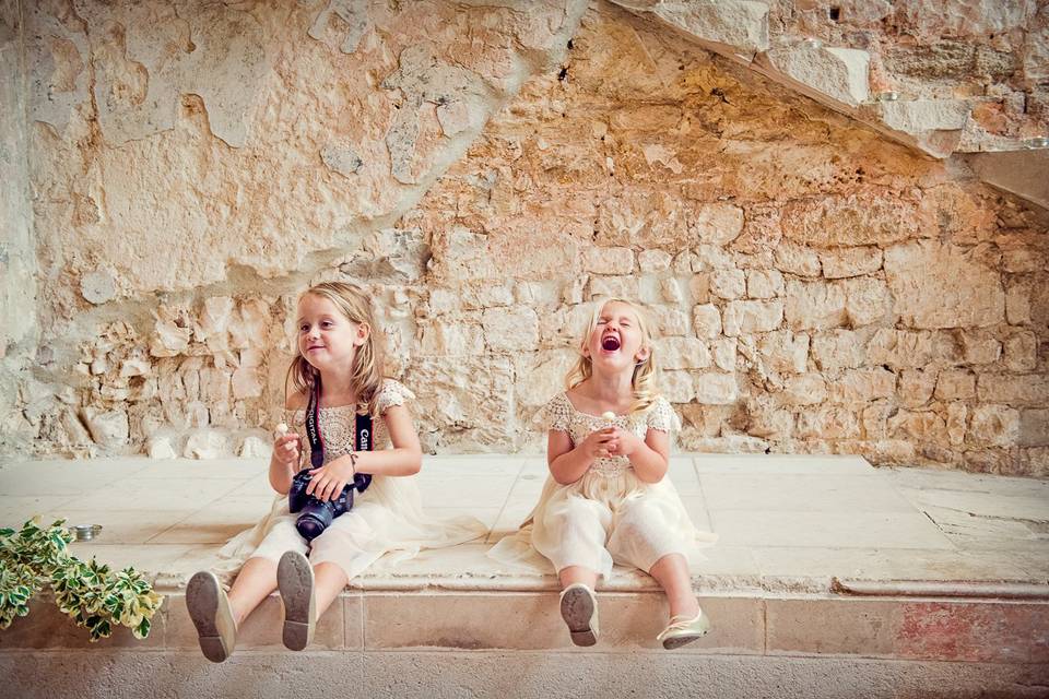 Funny flower girls at castle