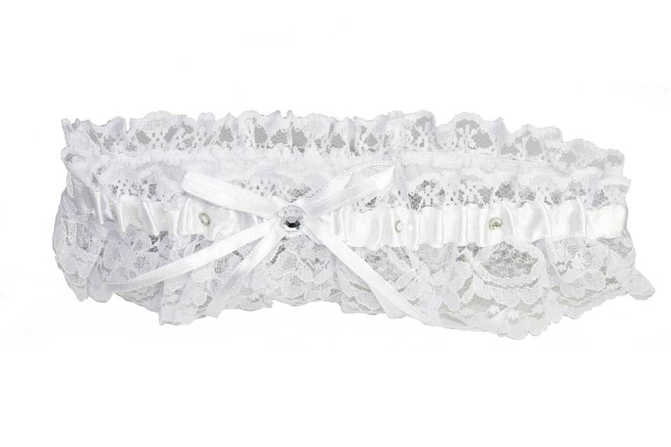 White Lace Garter with Satin Bow and Scattered Crystals