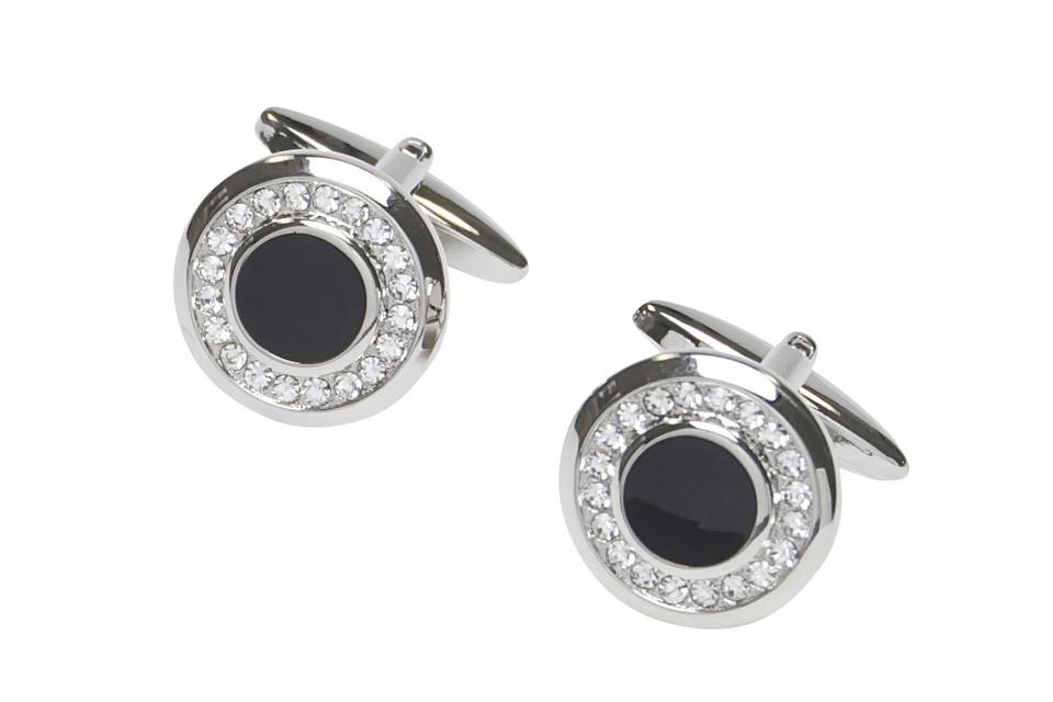 SSilver Timeless Round Shaped Cufflinks with Crystal Stones and Black Epoxy Centre
