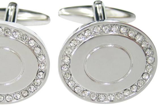 Silver Round Cufflinks with Clear Crystal Black Stones