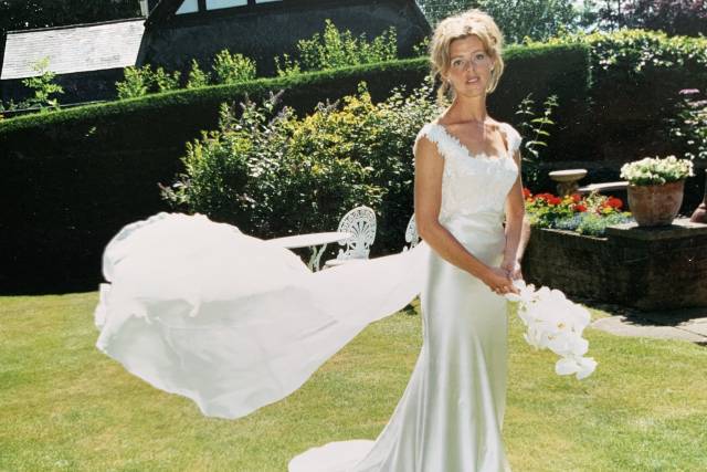Bias Satin, lace chiffon train