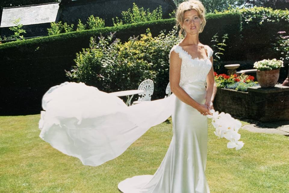 Bias Satin, lace chiffon train